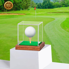 Golf Ball Display Case Acrylic Wood Base UV Protection Single Ball Holder Box
