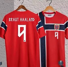 Norway National Team Soccer Jersey Size L — Erling Haaland #9 Red Blue White