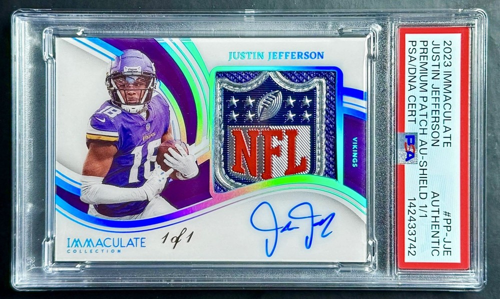 2023 Panini Immaculate JUSTIN JEFFERSON #1/1 NFL Shield Premium Patch Auto PSA