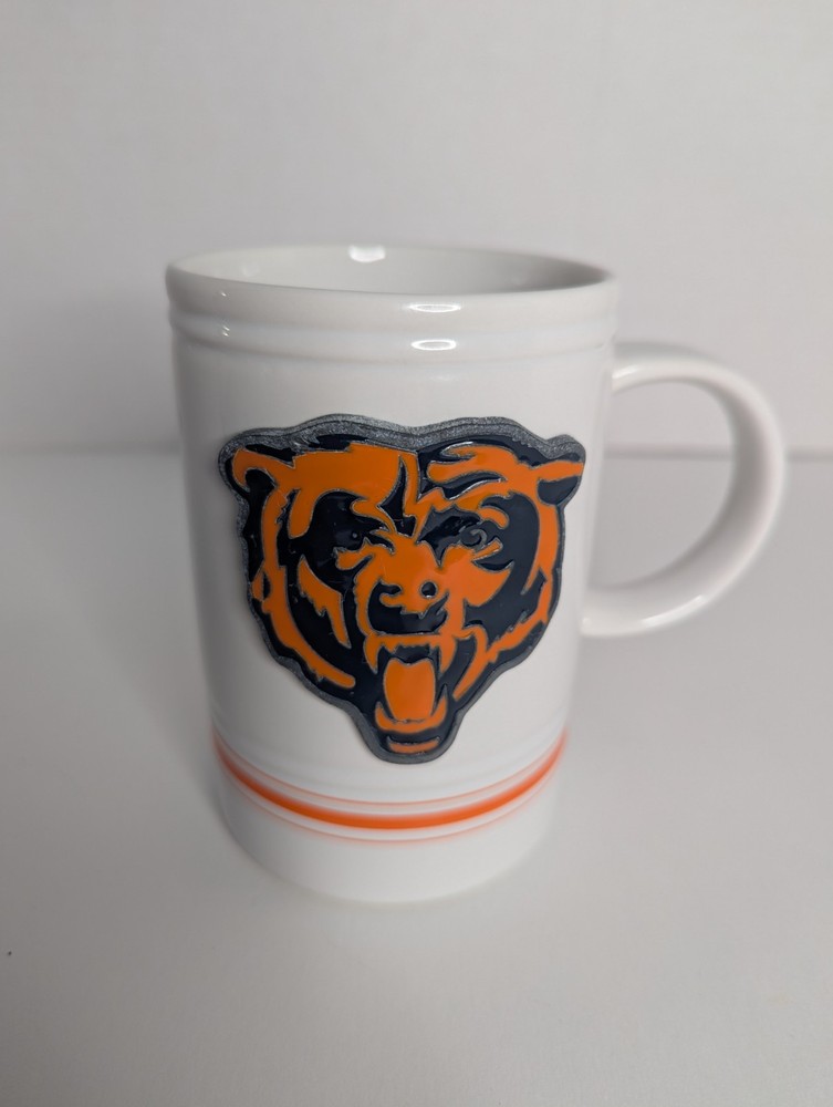 NFL Chicago Bears Coffee White Mug Orange Blue Accent Pewter Football 12 Ounces