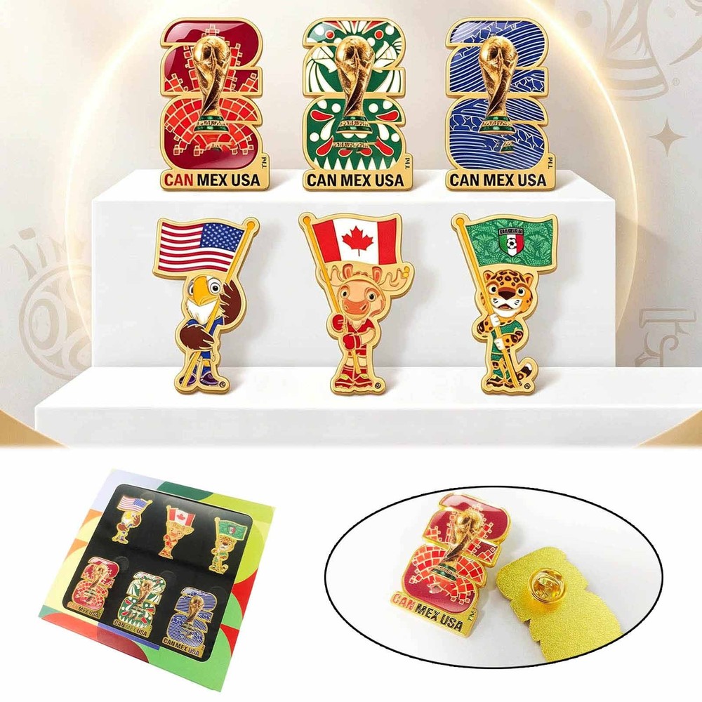 FIFA World Cup CAN MEX USA 6-Piece Enamel Pin Set 2026 Mascot & Logo Badges Gift