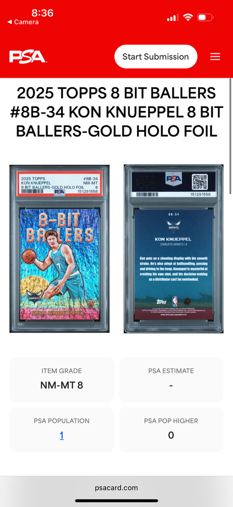 2025-26 Topps Kon Knueppel Rookie 8-Bit Ballers Gold Holofoil RC /50 PSA 8 POP 1