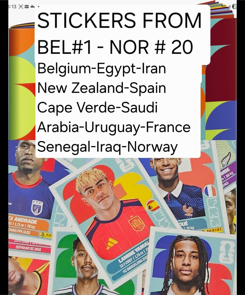 Panini World Cup 2026 — USA Edition — Stickers from BEL#1 to NOR #20