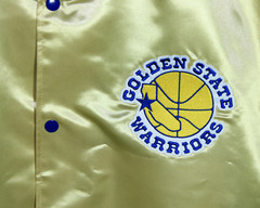 Golden State Warriors NEW Mitchell & Ness Satin Varsity Jacket Coat Gold Blue