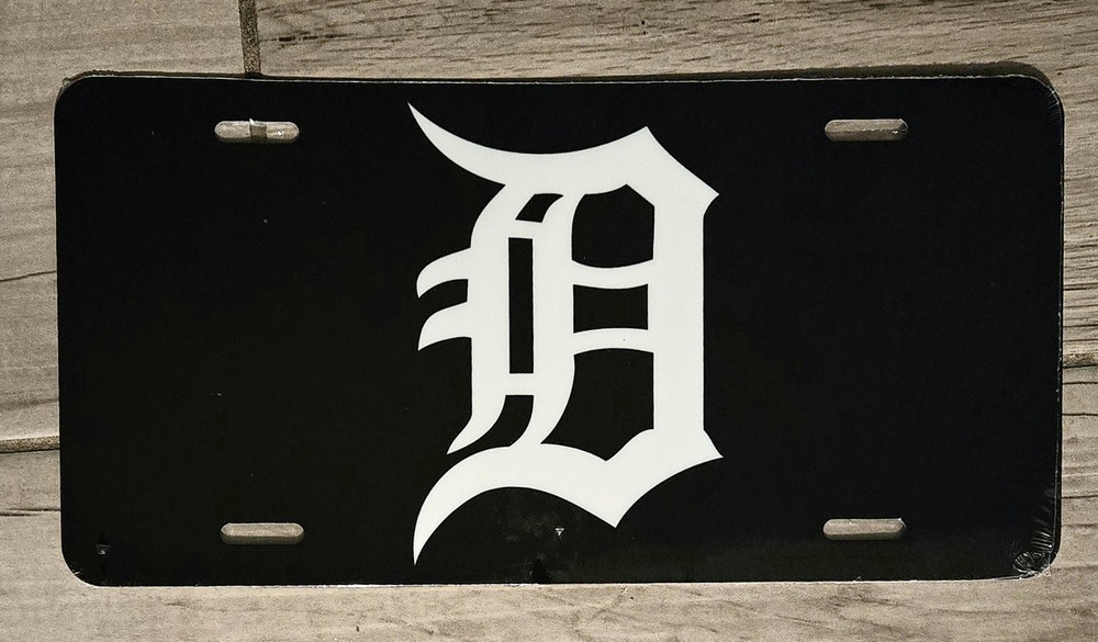 Old English D Black & White License Plate Detroit