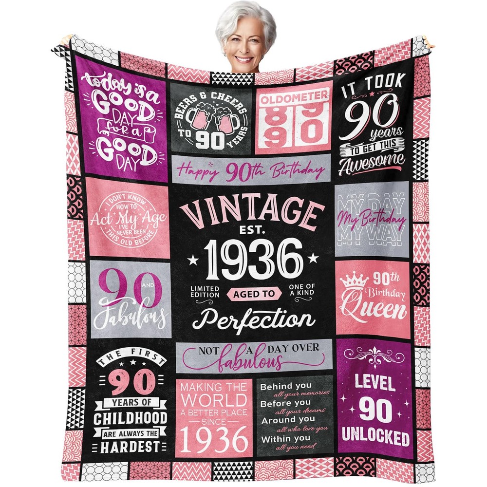 90th Birthday Gifts for Women Throw Blanket 60″ x 50″, x Pink-90yr
