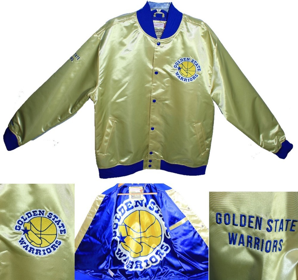 Golden State Warriors NEW Mitchell & Ness Satin Varsity Jacket Coat Gold Blue