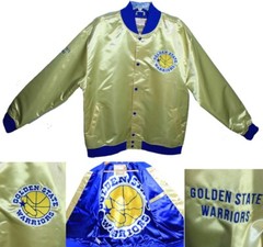 Golden State Warriors NEW Mitchell & Ness Satin Varsity Jacket Coat Gold Blue