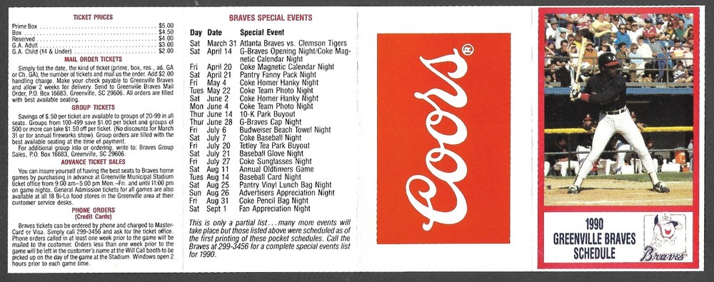 1990 GREENVILLE BRAVES (Minors) Coors Regular Season POCKET SCHEDULE NM-MINT